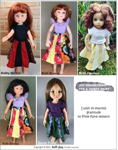 Doll Joy Paola Reina Joy Drawstring Tee and Gored Skirt Pattern For 13" Paola Reina Dolls Pixie Faire