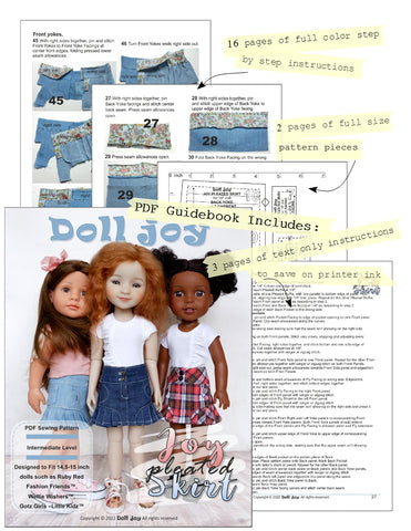 Doll Joy 18 Inch Modern Joy Pleated Skirt 14.5-15" Doll Clothes Pattern Pixie Faire