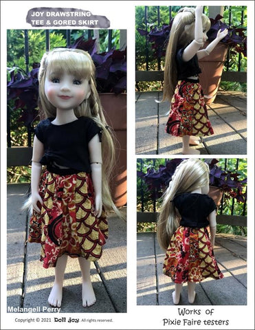 Doll Joy Ruby Red Fashion Friends Joy Drawstring Tee and Gored Skirt 14.5-15" Doll Clothes Pattern Pixie Faire