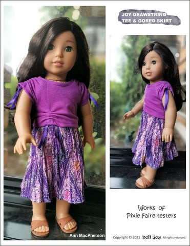 Doll Joy 18 Inch Modern Joy Drawstring Tee and Gored Skirt 18" Doll Clothes Pattern Pixie Faire