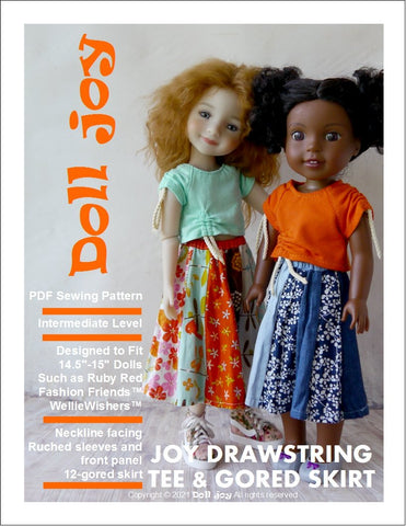 Doll Joy Ruby Red Fashion Friends Joy Drawstring Tee and Gored Skirt 14.5-15" Doll Clothes Pattern Pixie Faire