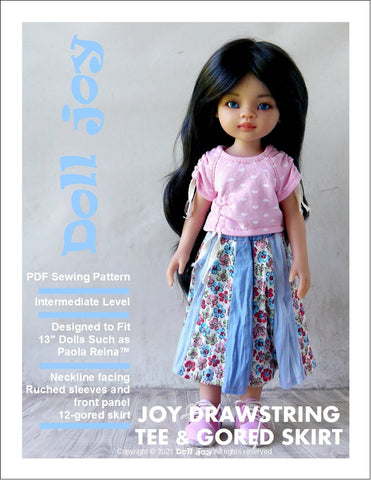 Doll Joy Paola Reina Joy Drawstring Tee and Gored Skirt Pattern For 13" Paola Reina Dolls Pixie Faire