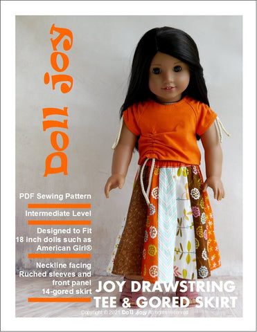 Doll Joy 18 Inch Modern Joy Drawstring Tee and Gored Skirt 18" Doll Clothes Pattern Pixie Faire