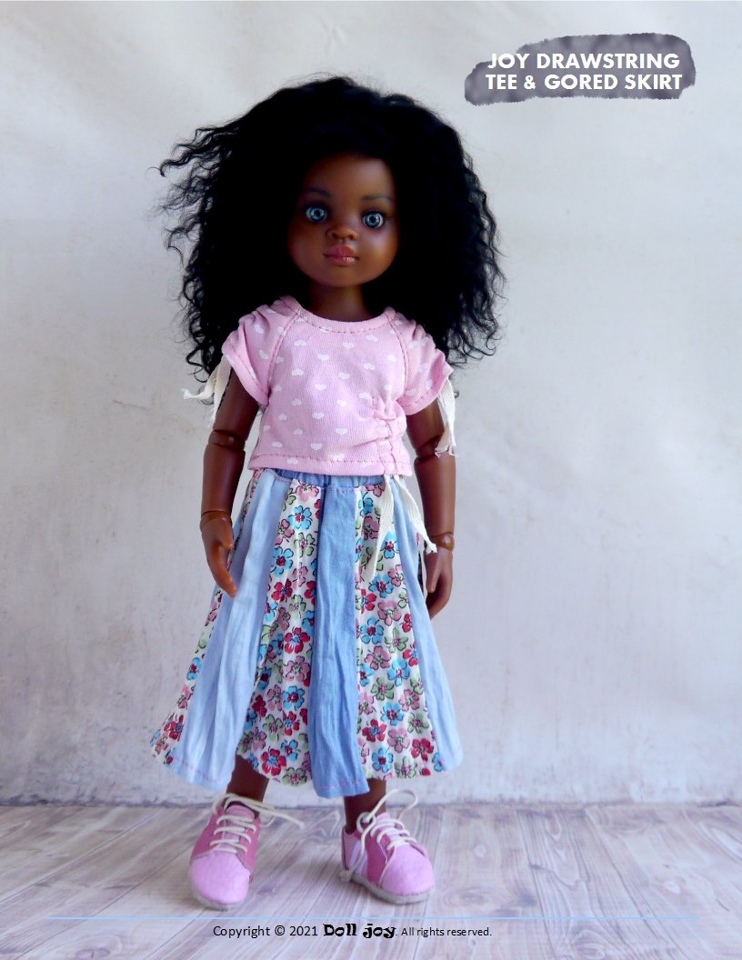 Doll Joy Paola Reina Joy Drawstring Tee and Gored Skirt Pattern For 13" Paola Reina Dolls Pixie Faire