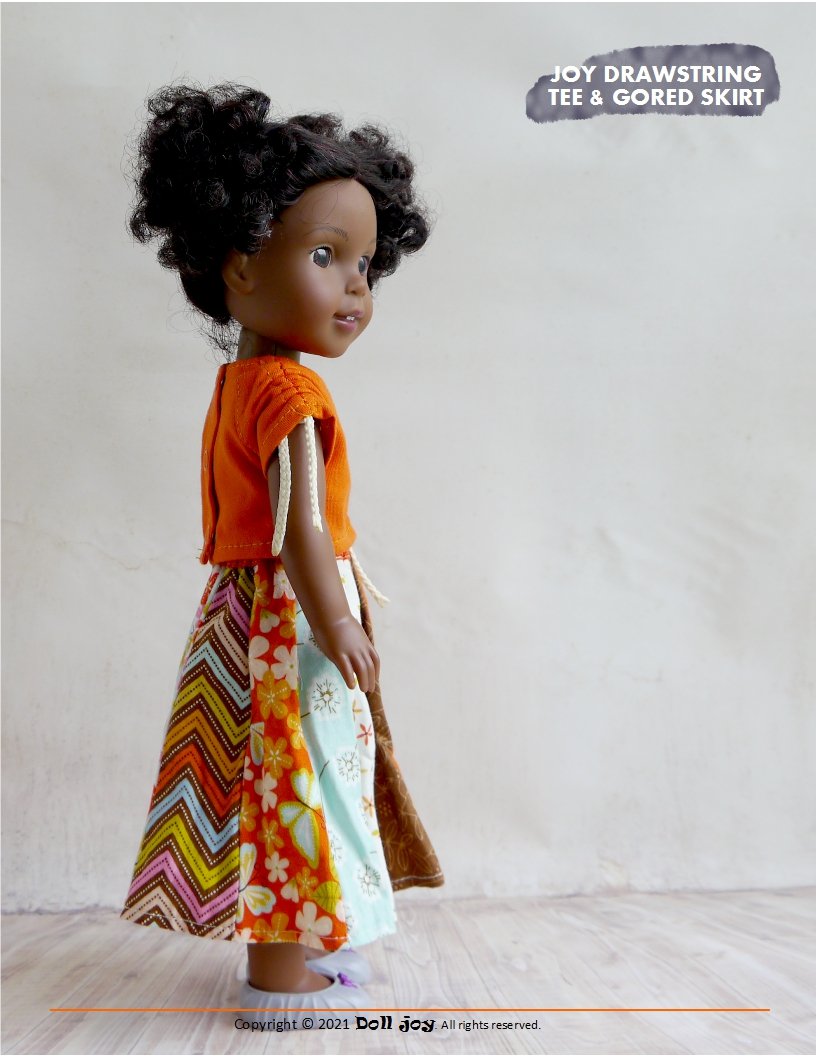 Doll Joy Ruby Red Fashion Friends Joy Drawstring Tee and Gored Skirt 14.5-15" Doll Clothes Pattern Pixie Faire
