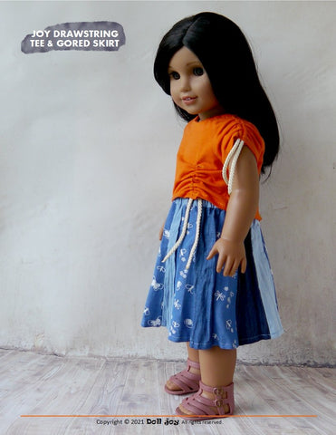 Doll Joy 18 Inch Modern Joy Drawstring Tee and Gored Skirt 18" Doll Clothes Pattern Pixie Faire