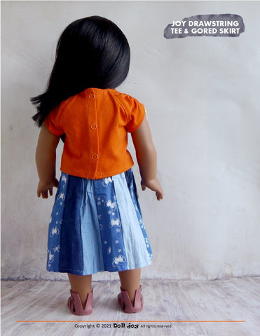 Doll Joy 18 Inch Modern Joy Drawstring Tee and Gored Skirt 18" Doll Clothes Pattern Pixie Faire