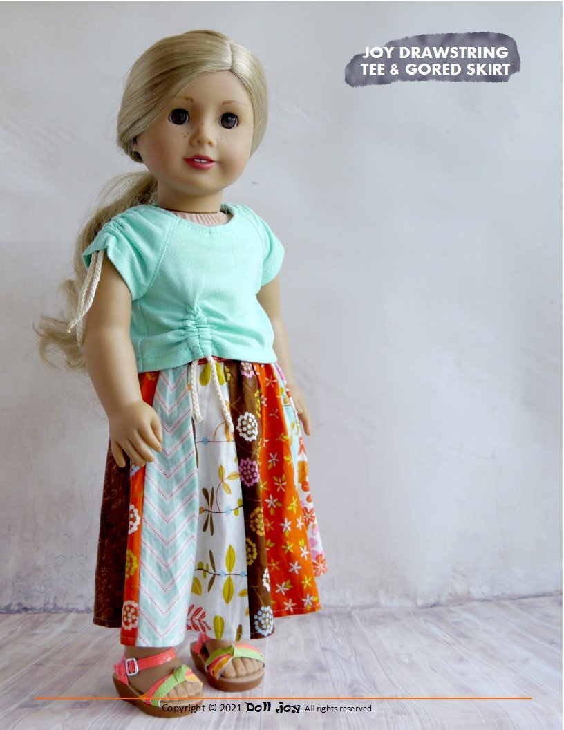 Doll Joy 18 Inch Modern Joy Drawstring Tee and Gored Skirt 18" Doll Clothes Pattern Pixie Faire