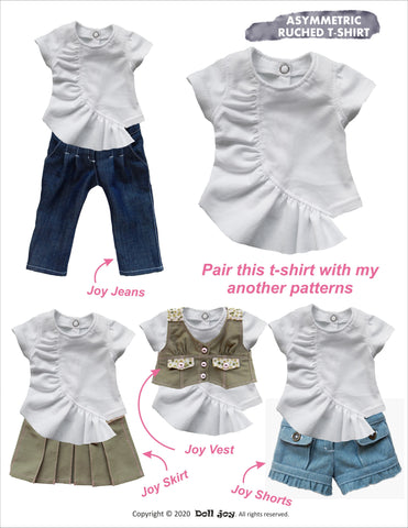 Doll Joy 18 Inch Modern Asymmetric Ruched T-shirt 18 inch Doll Clothes Pattern Pixie Faire
