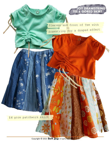 Doll Joy 18 Inch Modern Joy Drawstring Tee and Gored Skirt 18" Doll Clothes Pattern Pixie Faire