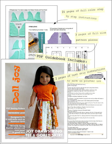 Doll Joy 18 Inch Modern Joy Drawstring Tee and Gored Skirt 18" Doll Clothes Pattern Pixie Faire