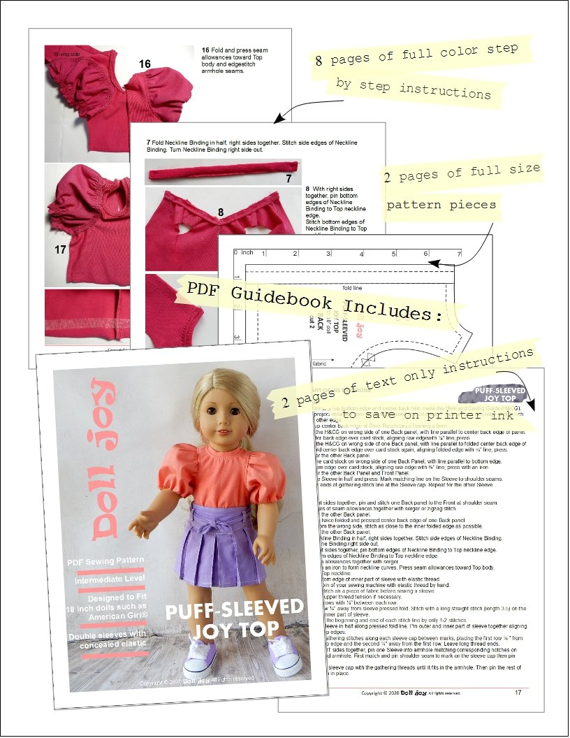 Doll Joy 18 Inch Modern Puff-Sleeved Joy Top 18" Doll Clothes Pattern Pixie Faire
