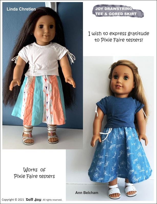 Doll Joy 18 Inch Modern Joy Drawstring Tee and Gored Skirt 18" Doll Clothes Pattern Pixie Faire