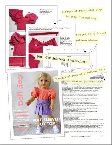 Doll Joy 18 Inch Modern Puff-Sleeved Joy Top 18" Doll Clothes Pattern Pixie Faire