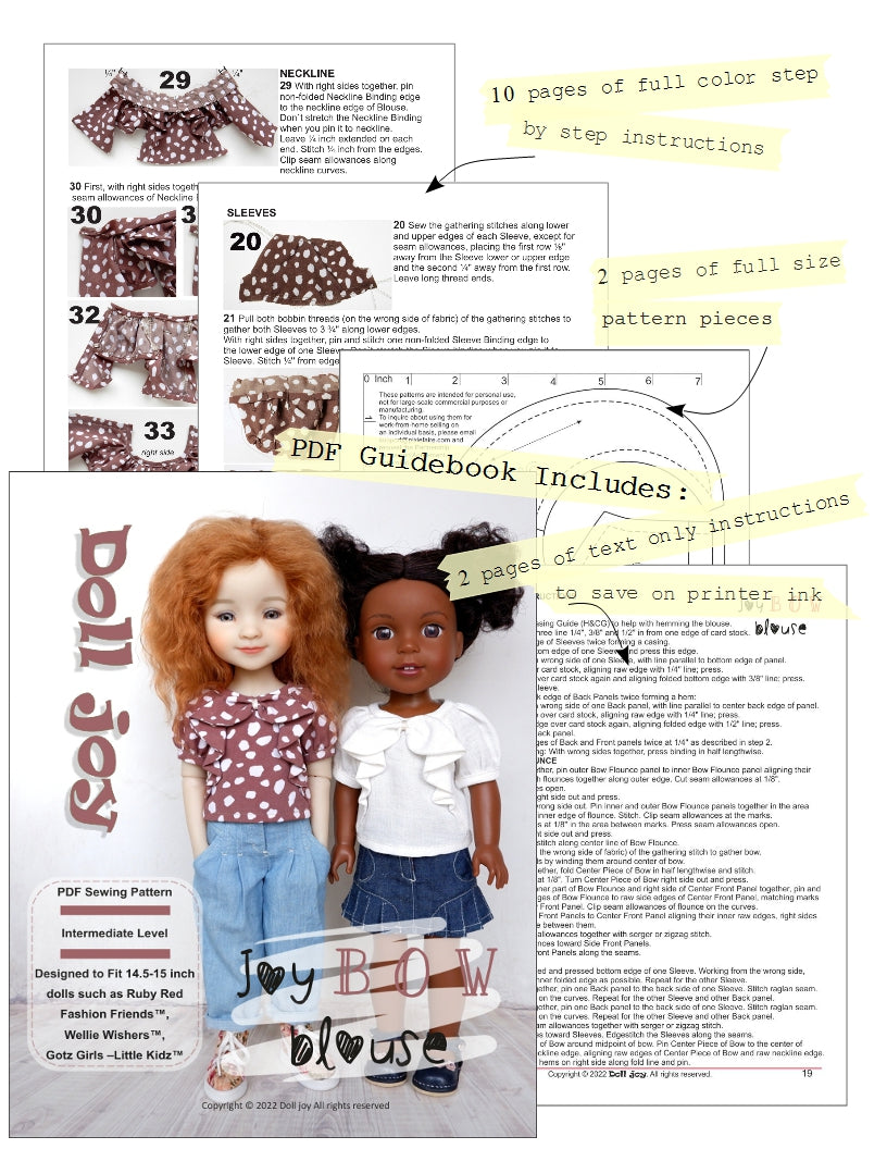 Doll Joy Ruby Red Fashion Friends Joy Bow Blouse 14.5 -15 inch Doll Clothes Pattern Pixie Faire