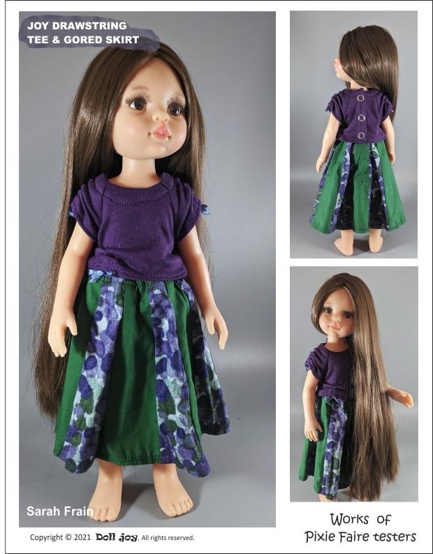 Doll Joy Paola Reina Joy Drawstring Tee and Gored Skirt Pattern For 13" Paola Reina Dolls Pixie Faire