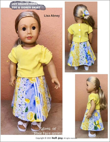 Doll Joy 18 Inch Modern Joy Drawstring Tee and Gored Skirt 18" Doll Clothes Pattern Pixie Faire