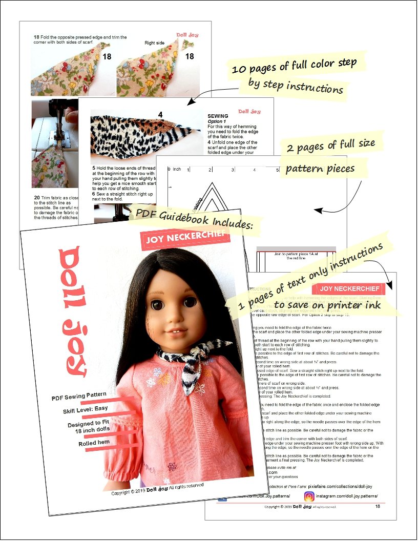 Doll Joy 18 Inch Modern FREE Joy Neckerchief 18" Doll Clothes Pattern Pixie Faire