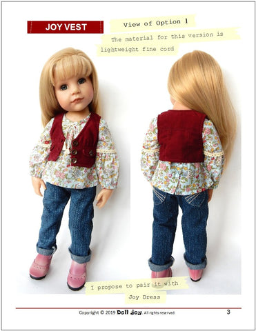 Doll Joy Gotz 19 Inch Joy Vest Pattern for 19" Gotz Dolls Pixie Faire