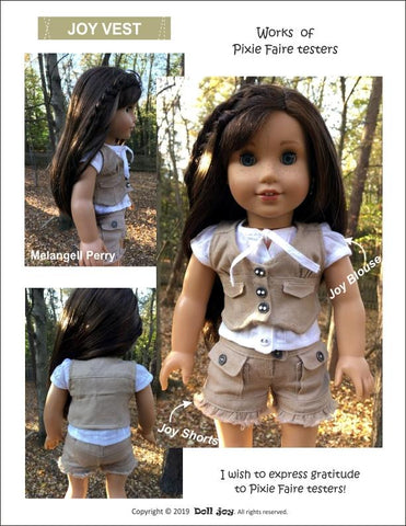 Doll Joy 18 Inch Modern Joy Vest 18" Doll Clothes Pattern Pixie Faire