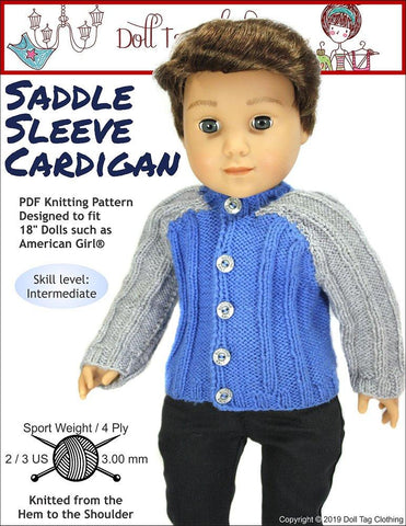 Doll Tag Clothing Knitting Saddle Sleeve Cardigan 18" Knitting Pattern Pixie Faire