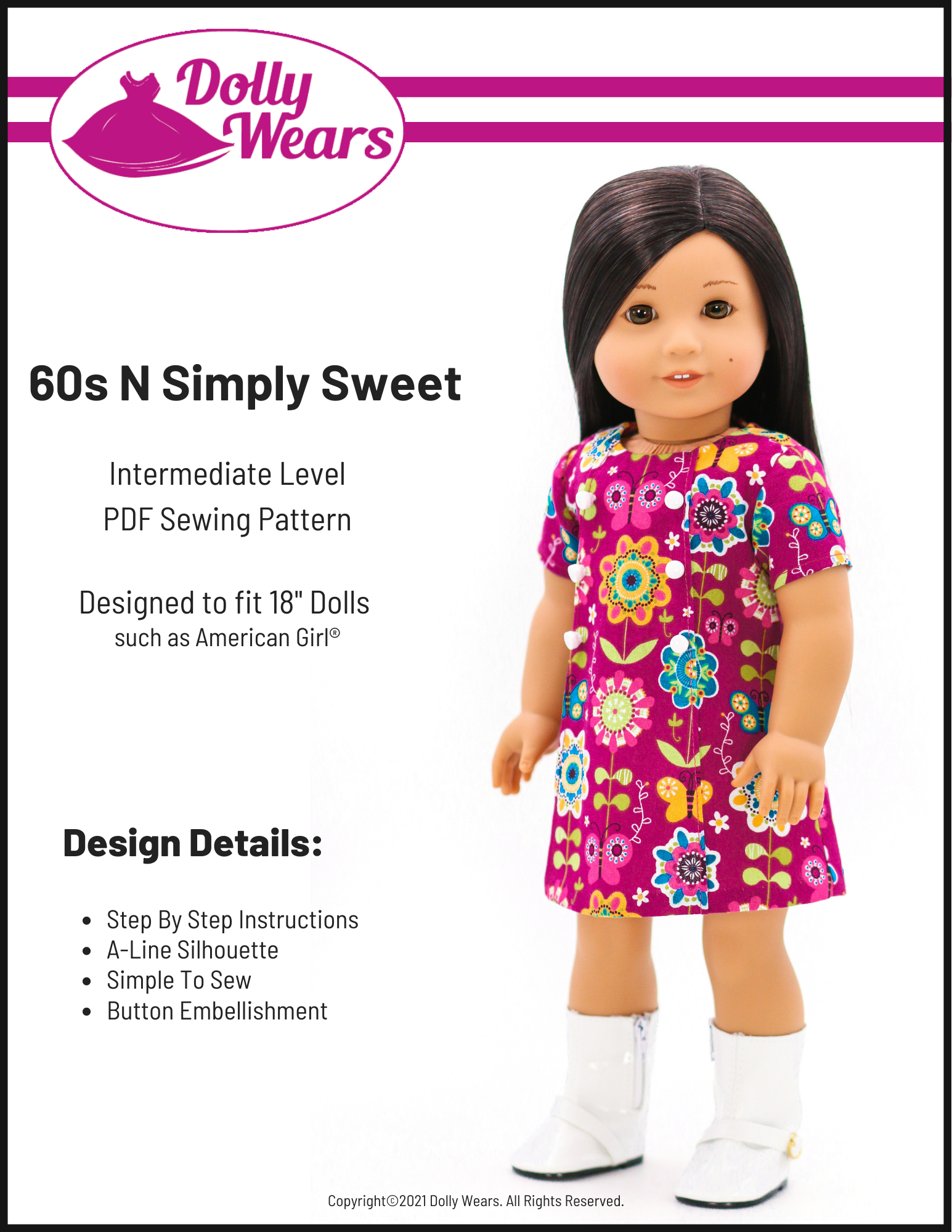 Dolly Wears 18 Inch Historical 60s N Simply Sweet Dress 18" Doll Clothes Pattern Pixie Faire