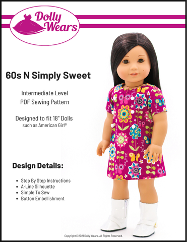 Dolly Wears 18 Inch Historical 60s N Simply Sweet Dress 18" Doll Clothes Pattern Pixie Faire
