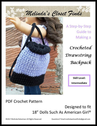 Melinda's Closet Finds Crochet Crocheted Drawstring Backpack 18" Doll Crochet Pattern Pixie Faire