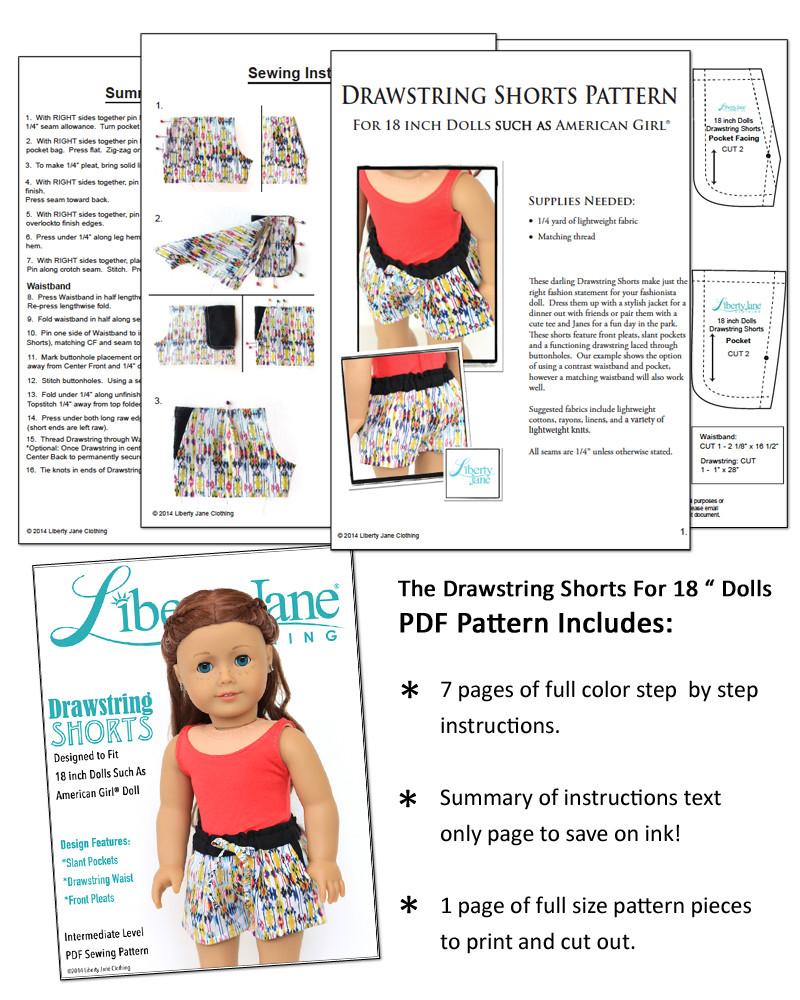 Liberty Jane 18 Inch Modern Drawstring Shorts 18" Doll Clothes Pattern Pixie Faire
