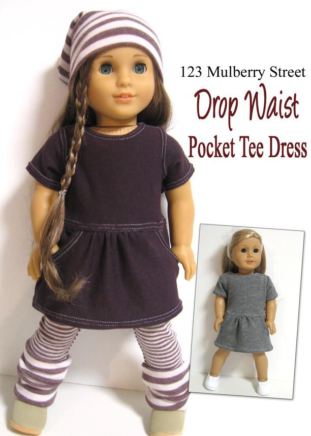 123 Mulberry Street 18 Inch Modern Drop Waist Pocket Tee Dress 18" Doll Clothes Pattern Pixie Faire