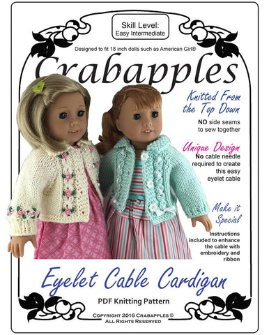 Crabapples Knitting Eyelet Cable Cardigan 18" Doll Clothes Knitting Pattern Pixie Faire