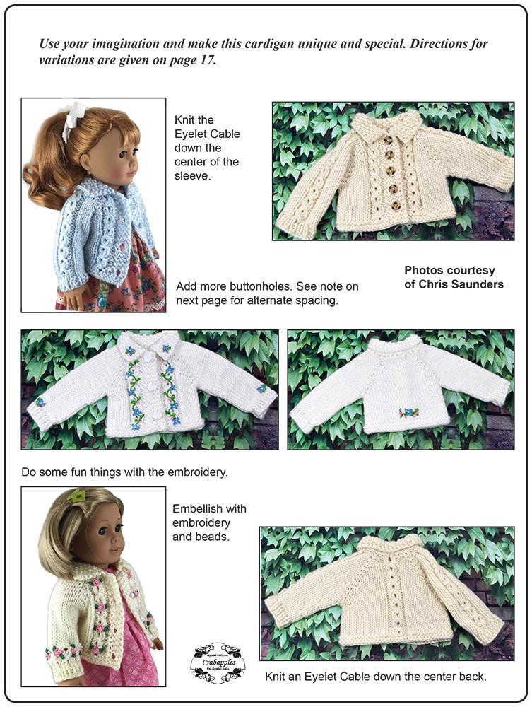 Crabapples Knitting Eyelet Cable Cardigan 18" Doll Clothes Knitting Pattern Pixie Faire