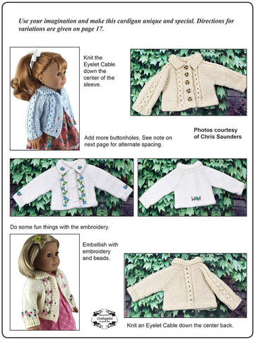 Crabapples Knitting Eyelet Cable Cardigan 18" Doll Clothes Knitting Pattern Pixie Faire