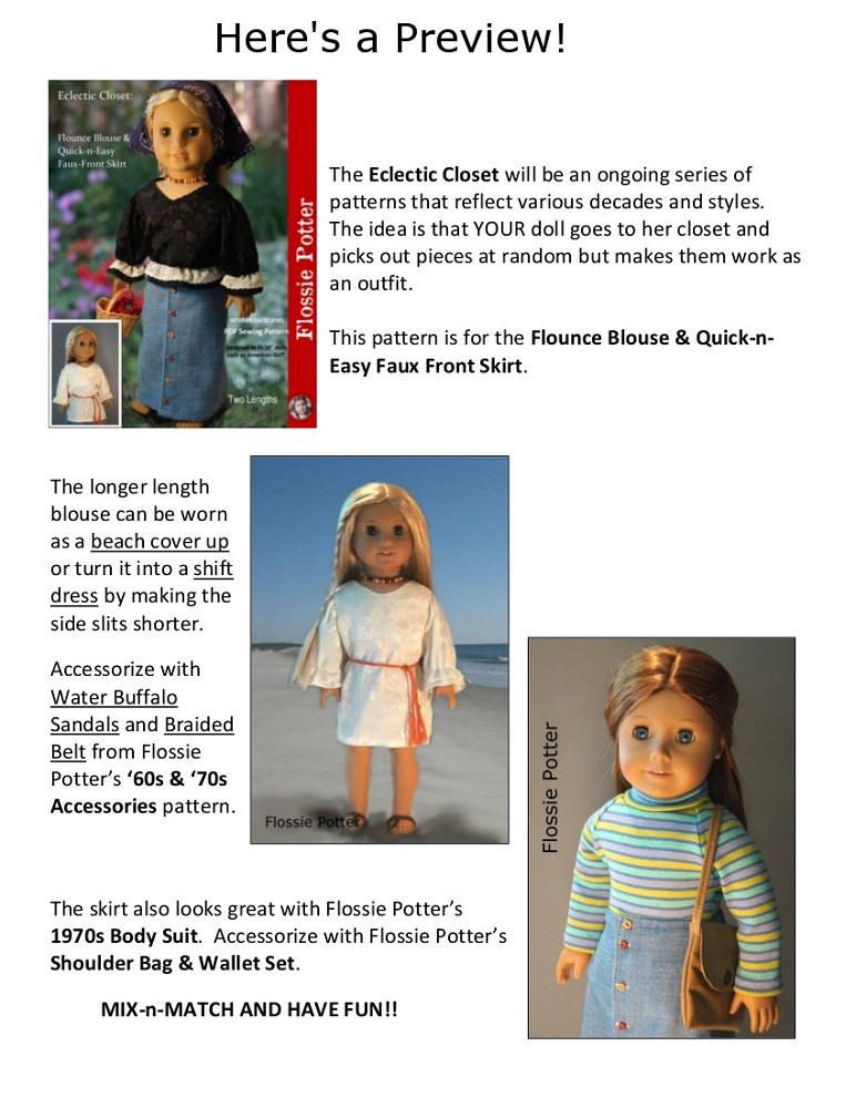 Flossie Potter 18 inch Historical Eclectic Closet Flounce Blouse & Skirt 18" Doll Clothes Pattern Pixie Faire