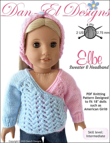 Dan-El Designs Knitting Elbe Sweater and Headband 18" Doll Clothes Knitting Pattern Pixie Faire