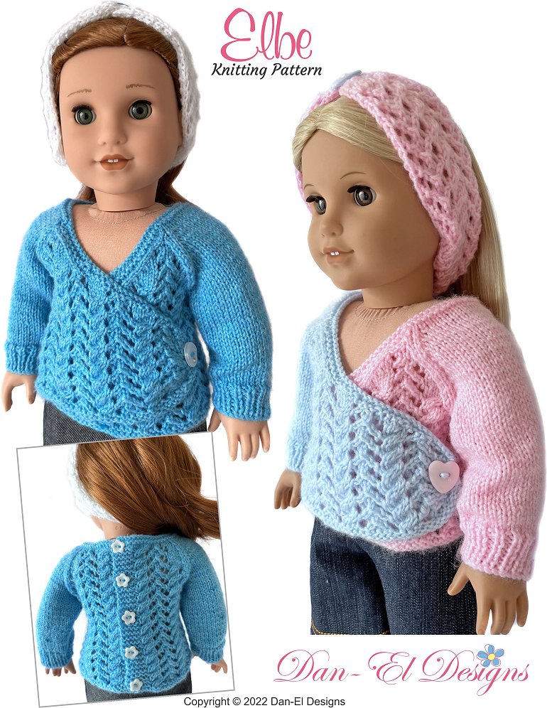 Dan-El Designs Knitting Elbe Sweater and Headband 18" Doll Clothes Knitting Pattern Pixie Faire