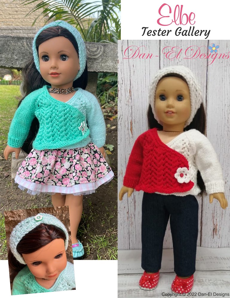 Dan-El Designs Knitting Elbe Sweater and Headband 18" Doll Clothes Knitting Pattern Pixie Faire