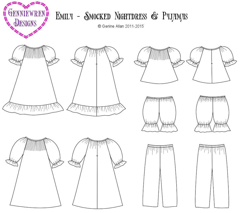 Genniewren 18 Inch Historical Emily - Smocked Nightdress & PJs 18" Doll Clothes Pixie Faire
