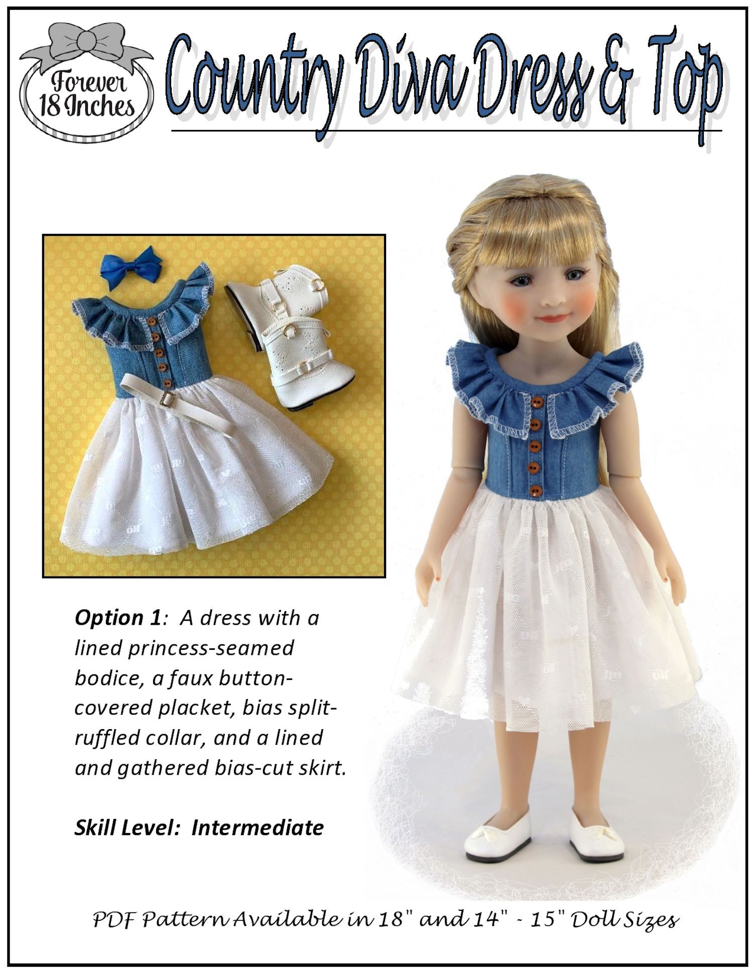 Forever 18 Inches WellieWishers Country Diva Dress & Top 14" - 15" Doll Clothes Pattern Pixie Faire