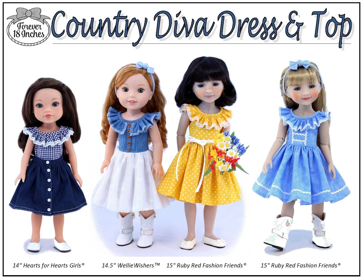 Forever 18 Inches WellieWishers Country Diva Dress & Top 14" - 15" Doll Clothes Pattern Pixie Faire