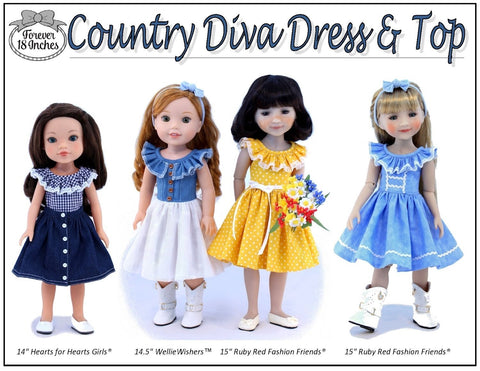 Forever 18 Inches WellieWishers Country Diva Dress & Top 14" - 15" Doll Clothes Pattern Pixie Faire
