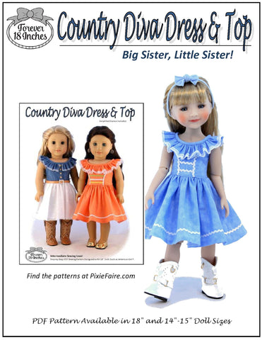 Forever 18 Inches WellieWishers Country Diva Dress & Top 14" - 15" Doll Clothes Pattern Pixie Faire