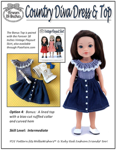 Forever 18 Inches WellieWishers Country Diva Dress & Top 14" - 15" Doll Clothes Pattern Pixie Faire