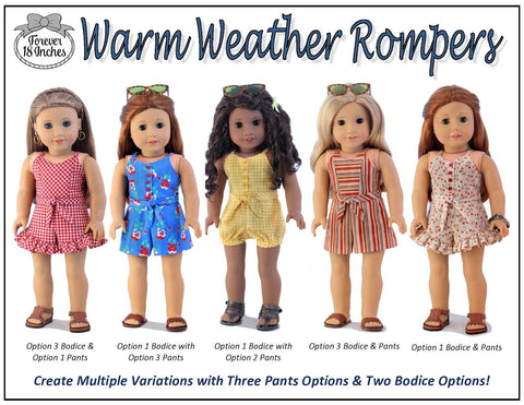 Forever 18 Inches 18 Inch Modern Warm Weather Rompers 18 inch Doll Clothes Pattern Pixie Faire