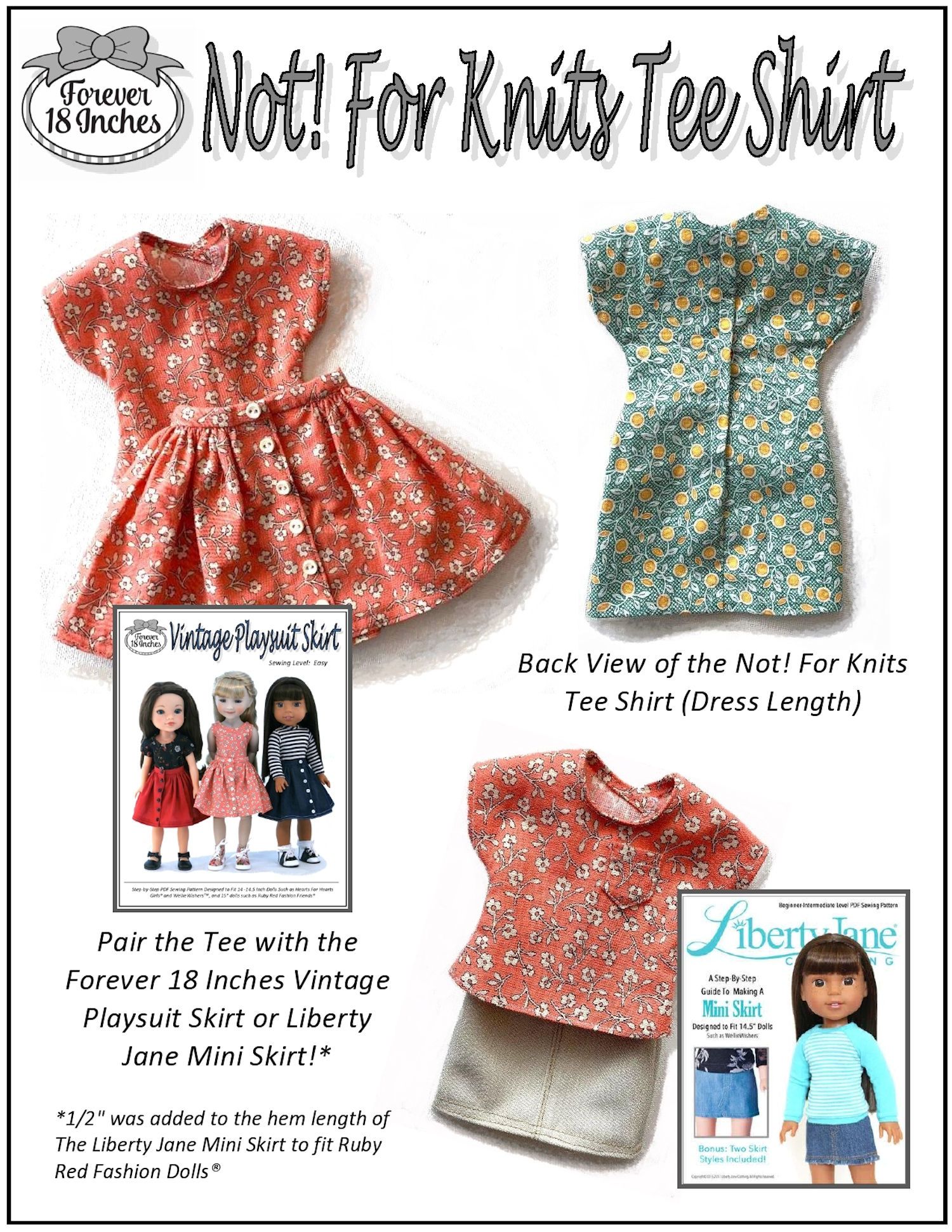 Forever 18 Inches Ruby Red Fashion Friends NOT! For Knits Tee-Shirt Pattern for 15" Ruby Red Fashion Friends Dolls Pixie Faire