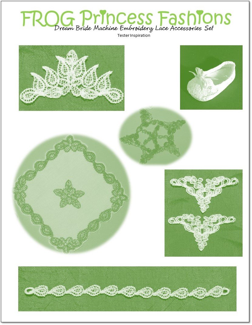Frog Princess Fashions Machine Embroidery Design Dream Bride Complete Lace Set of 17 Machine Embroidery Designs For 18" Doll Clothes Pixie Faire