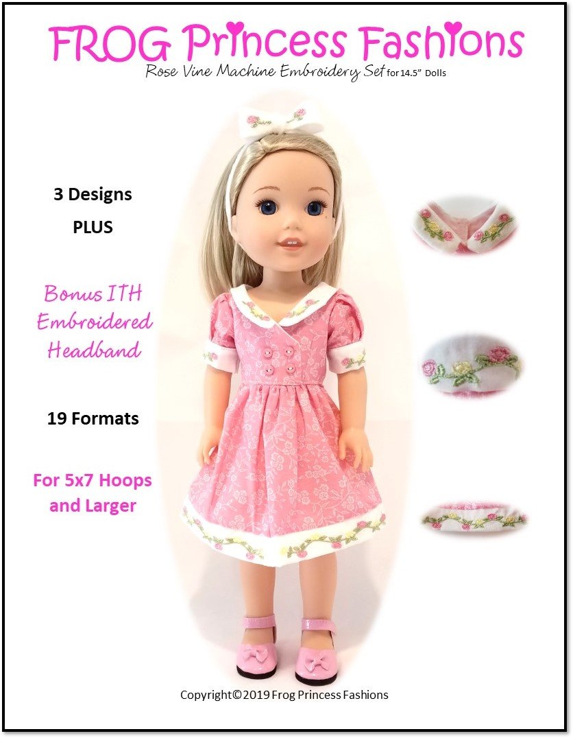 Frog Princess Fashions Machine Embroidery Design Charm School Rose Vine Machine Embroidery Design Set For 14.5" Doll Clothes Pixie Faire