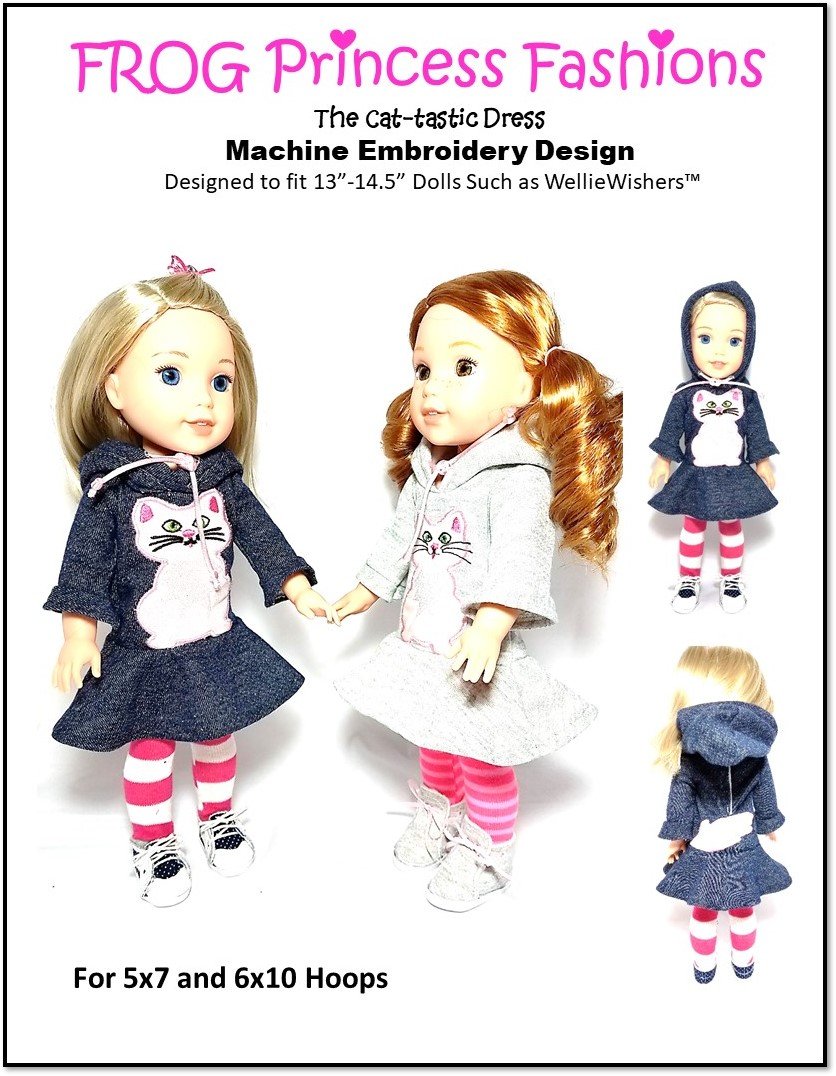 Frog Princess Fashions Machine Embroidery Design The Cat-Tastic Dress 13" - 14.5" Dolls Machine Embroidery Design Pixie Faire