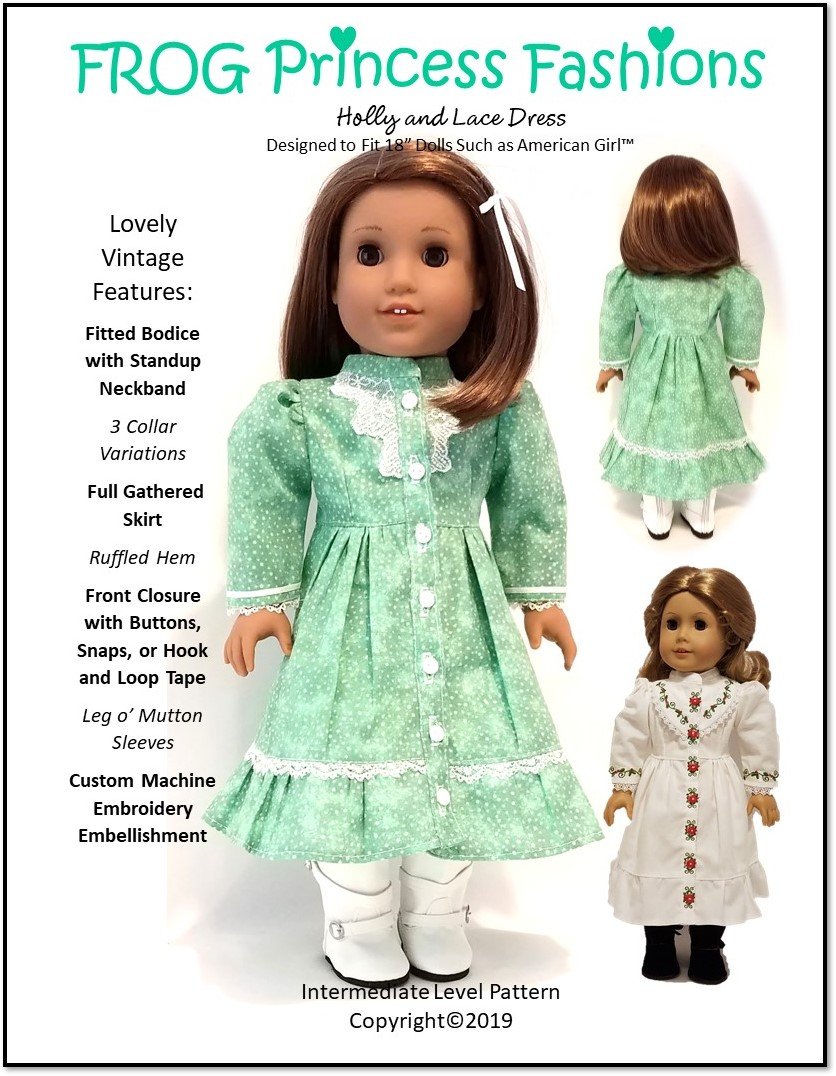 Frog Princess Fashions Holly and Lace Dress Doll Clothes Pattern 18 inch American Girl Dolls