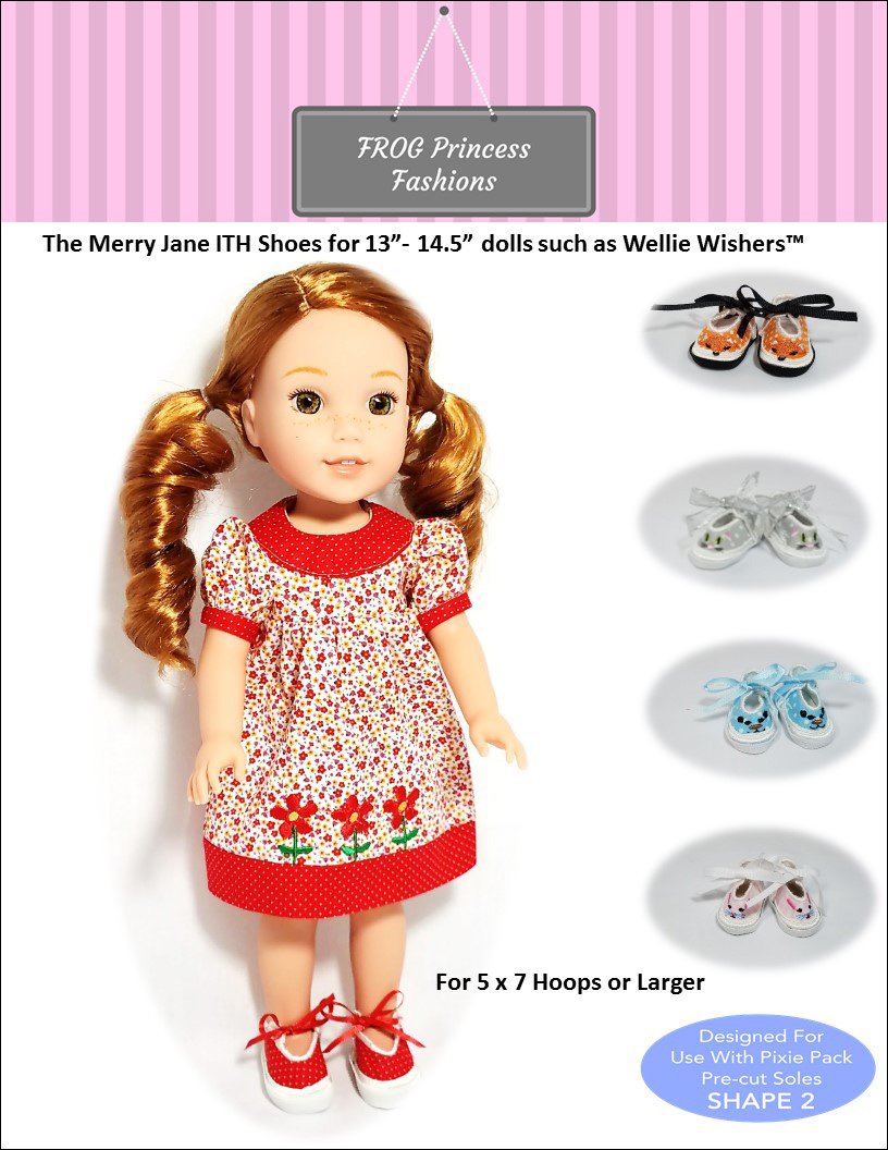 Frog Princess Fashions Machine Embroidery Design Merry Janes ITH Shoes for 13" - 14.5" Dolls Machine Embroidery Design Pixie Faire